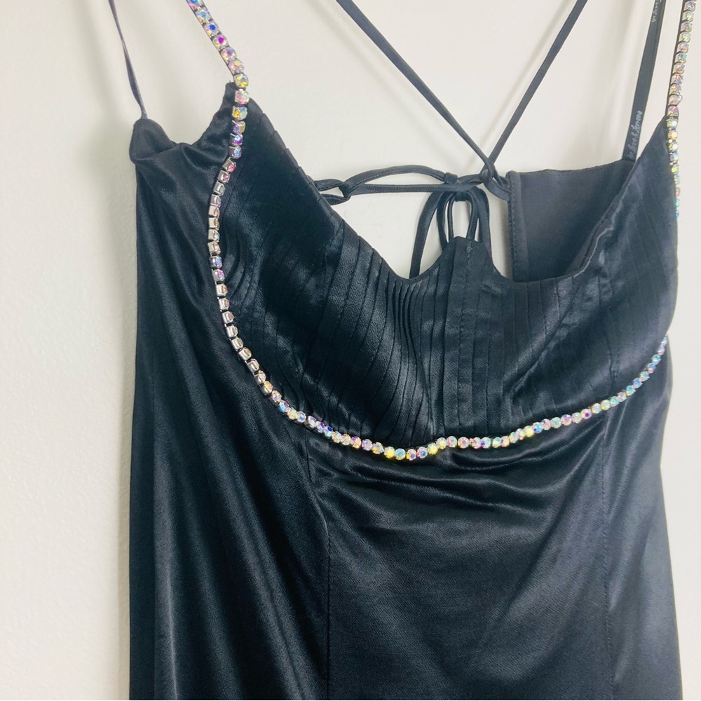 For Love & Lemons Elora black satin mini dress with rhinestone straps. NWT Small - Picture 6 of 9